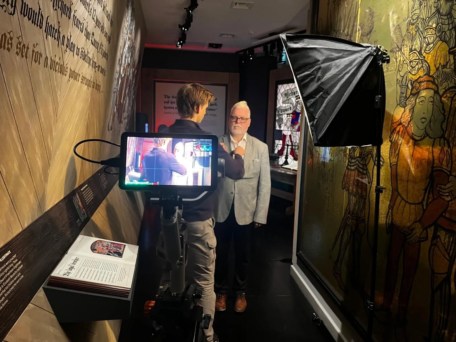 Interview set up on location with a softbox light and a client monitor