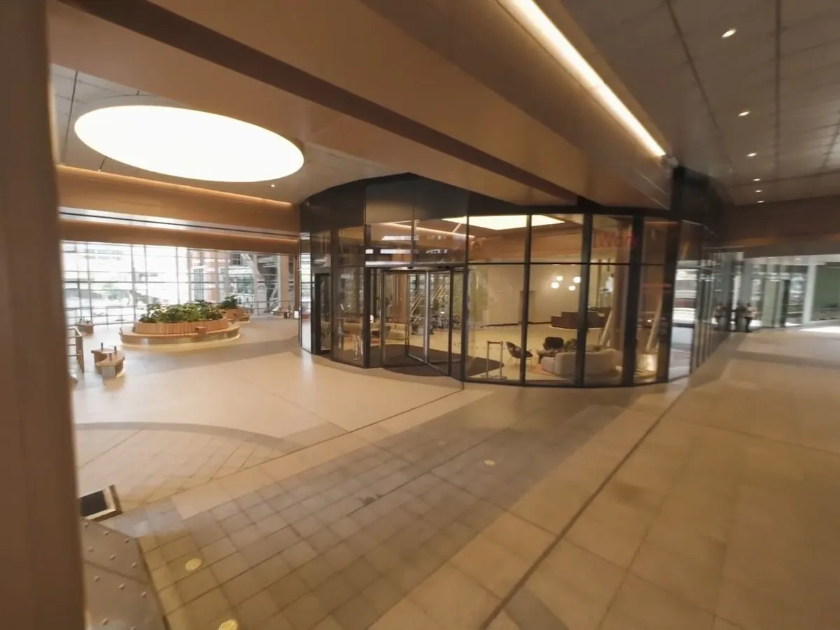 FPV fly-through of an office building lobby
